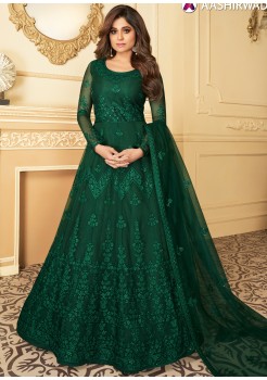 Dark Green Satin Silk  Designer Gown
